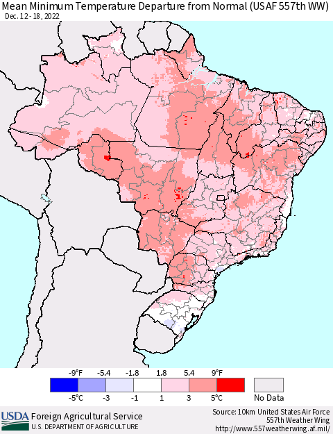 Brazil Mean Minimum Temperature Departure from Normal (USAF 557th WW) Thematic Map For 12/12/2022 - 12/18/2022