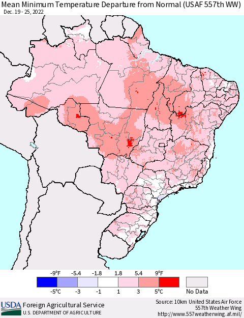 Brazil Mean Minimum Temperature Departure from Normal (USAF 557th WW) Thematic Map For 12/19/2022 - 12/25/2022