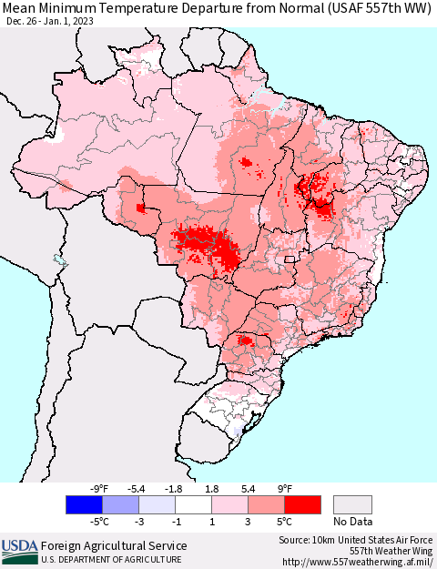 Brazil Mean Minimum Temperature Departure from Normal (USAF 557th WW) Thematic Map For 12/26/2022 - 1/1/2023