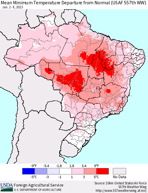 Brazil Mean Minimum Temperature Departure from Normal (USAF 557th WW) Thematic Map For 1/2/2023 - 1/8/2023