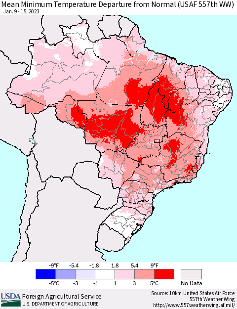 Brazil Mean Minimum Temperature Departure from Normal (USAF 557th WW) Thematic Map For 1/9/2023 - 1/15/2023
