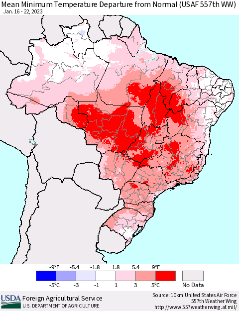 Brazil Mean Minimum Temperature Departure from Normal (USAF 557th WW) Thematic Map For 1/16/2023 - 1/22/2023