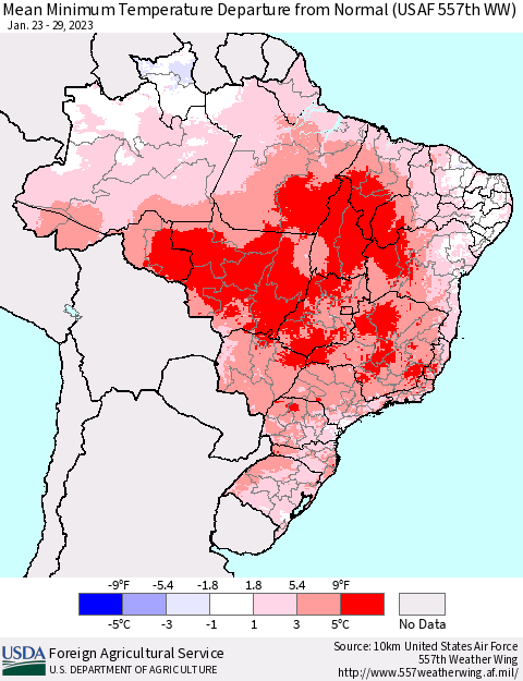 Brazil Mean Minimum Temperature Departure from Normal (USAF 557th WW) Thematic Map For 1/23/2023 - 1/29/2023