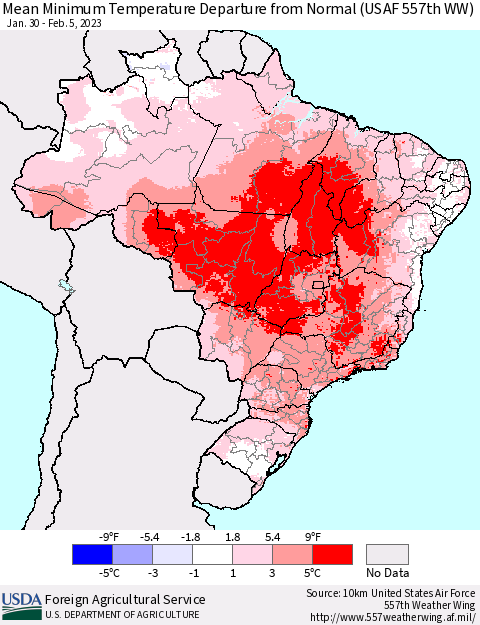 Brazil Mean Minimum Temperature Departure from Normal (USAF 557th WW) Thematic Map For 1/30/2023 - 2/5/2023