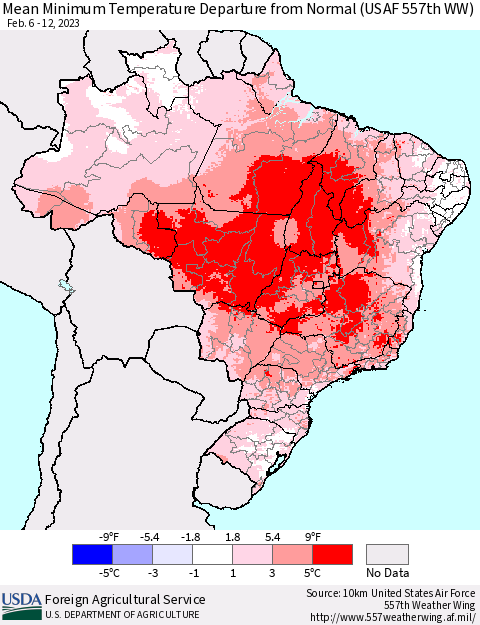 Brazil Mean Minimum Temperature Departure from Normal (USAF 557th WW) Thematic Map For 2/6/2023 - 2/12/2023