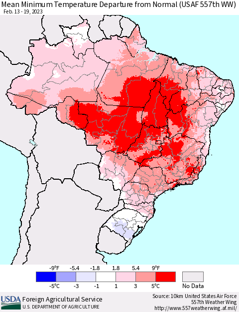 Brazil Mean Minimum Temperature Departure from Normal (USAF 557th WW) Thematic Map For 2/13/2023 - 2/19/2023