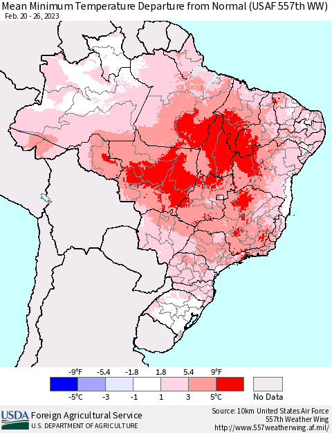 Brazil Mean Minimum Temperature Departure from Normal (USAF 557th WW) Thematic Map For 2/20/2023 - 2/26/2023