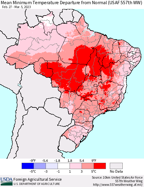 Brazil Mean Minimum Temperature Departure from Normal (USAF 557th WW) Thematic Map For 2/27/2023 - 3/5/2023