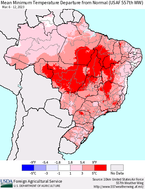 Brazil Mean Minimum Temperature Departure from Normal (USAF 557th WW) Thematic Map For 3/6/2023 - 3/12/2023