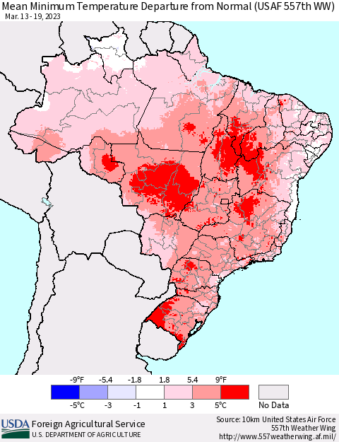 Brazil Mean Minimum Temperature Departure from Normal (USAF 557th WW) Thematic Map For 3/13/2023 - 3/19/2023