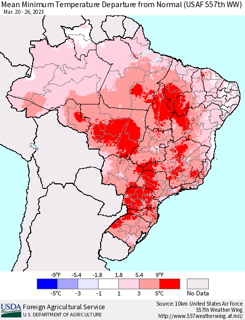 Brazil Mean Minimum Temperature Departure from Normal (USAF 557th WW) Thematic Map For 3/20/2023 - 3/26/2023