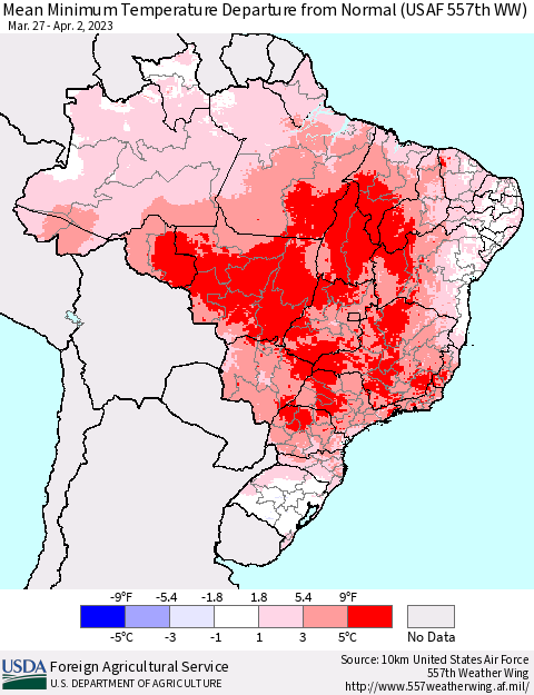Brazil Mean Minimum Temperature Departure from Normal (USAF 557th WW) Thematic Map For 3/27/2023 - 4/2/2023