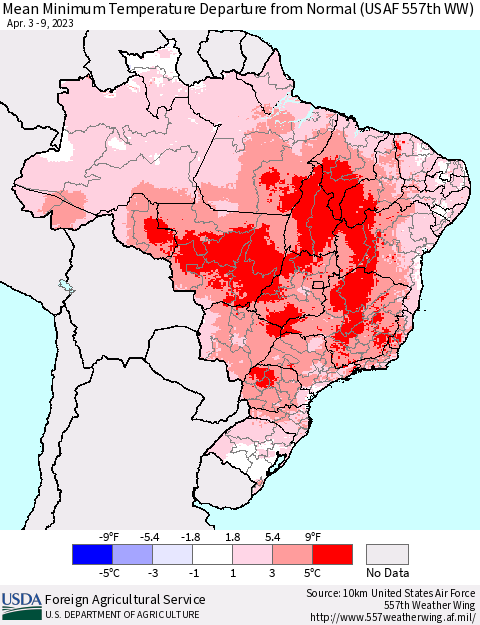 Brazil Mean Minimum Temperature Departure from Normal (USAF 557th WW) Thematic Map For 4/3/2023 - 4/9/2023