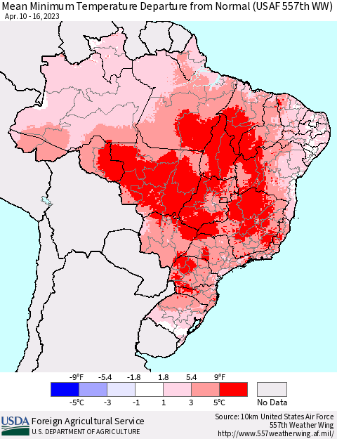 Brazil Mean Minimum Temperature Departure from Normal (USAF 557th WW) Thematic Map For 4/10/2023 - 4/16/2023