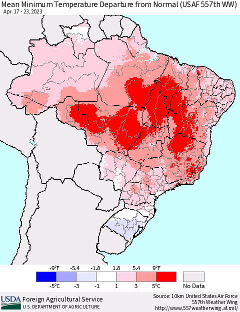 Brazil Mean Minimum Temperature Departure from Normal (USAF 557th WW) Thematic Map For 4/17/2023 - 4/23/2023