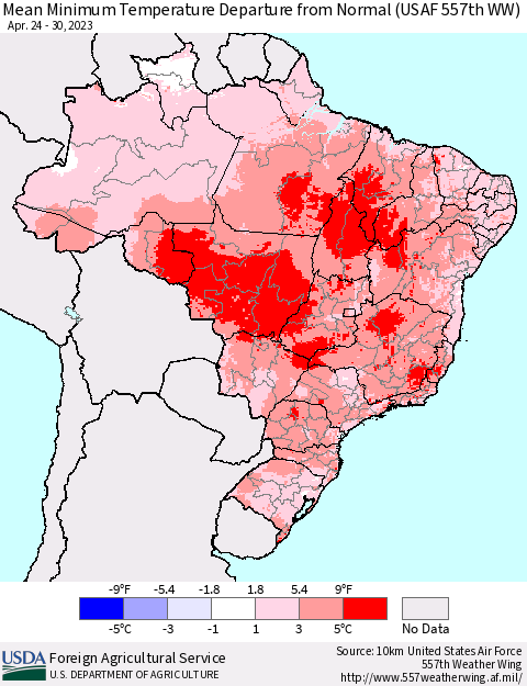 Brazil Mean Minimum Temperature Departure from Normal (USAF 557th WW) Thematic Map For 4/24/2023 - 4/30/2023
