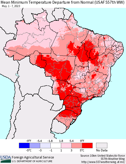 Brazil Mean Minimum Temperature Departure from Normal (USAF 557th WW) Thematic Map For 5/1/2023 - 5/7/2023