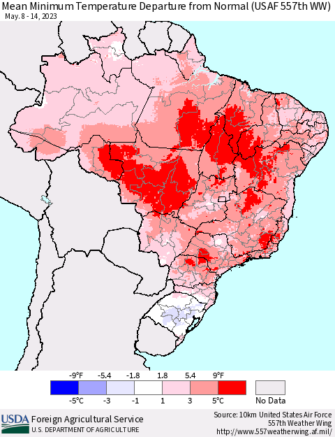 Brazil Mean Minimum Temperature Departure from Normal (USAF 557th WW) Thematic Map For 5/8/2023 - 5/14/2023