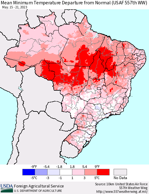 Brazil Mean Minimum Temperature Departure from Normal (USAF 557th WW) Thematic Map For 5/15/2023 - 5/21/2023