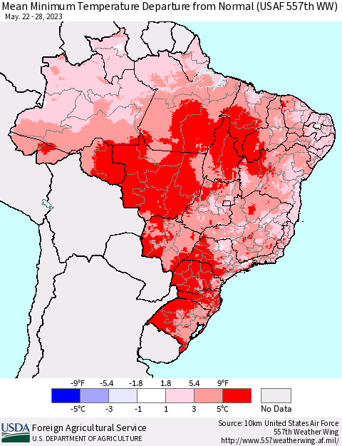 Brazil Mean Minimum Temperature Departure from Normal (USAF 557th WW) Thematic Map For 5/22/2023 - 5/28/2023