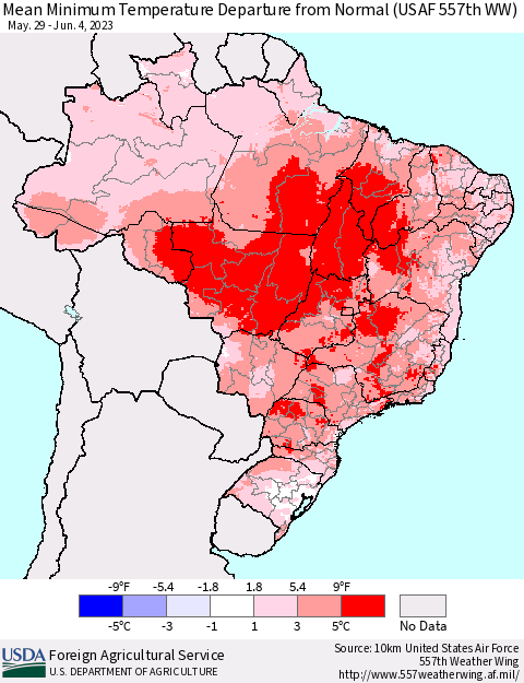 Brazil Mean Minimum Temperature Departure from Normal (USAF 557th WW) Thematic Map For 5/29/2023 - 6/4/2023