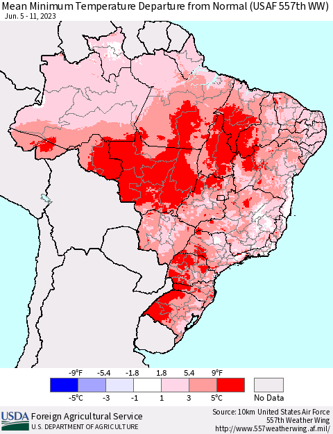 Brazil Mean Minimum Temperature Departure from Normal (USAF 557th WW) Thematic Map For 6/5/2023 - 6/11/2023