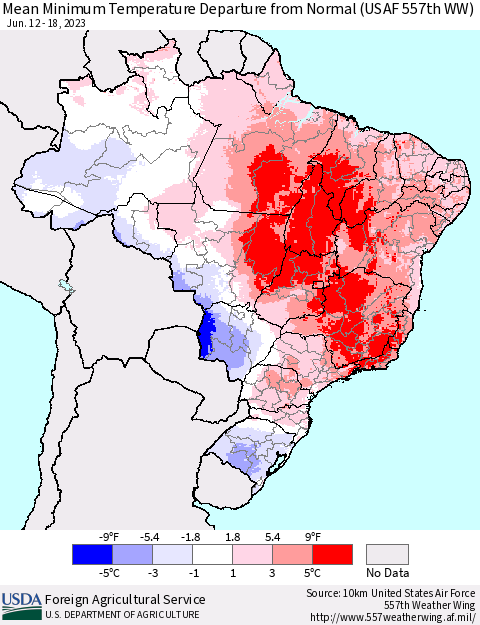 Brazil Mean Minimum Temperature Departure from Normal (USAF 557th WW) Thematic Map For 6/12/2023 - 6/18/2023