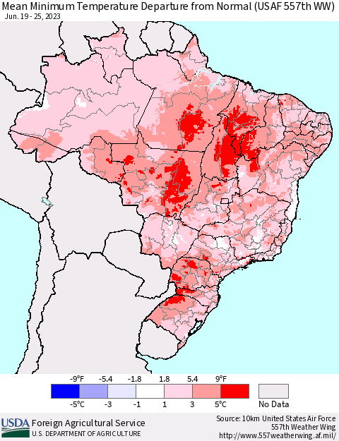 Brazil Mean Minimum Temperature Departure from Normal (USAF 557th WW) Thematic Map For 6/19/2023 - 6/25/2023