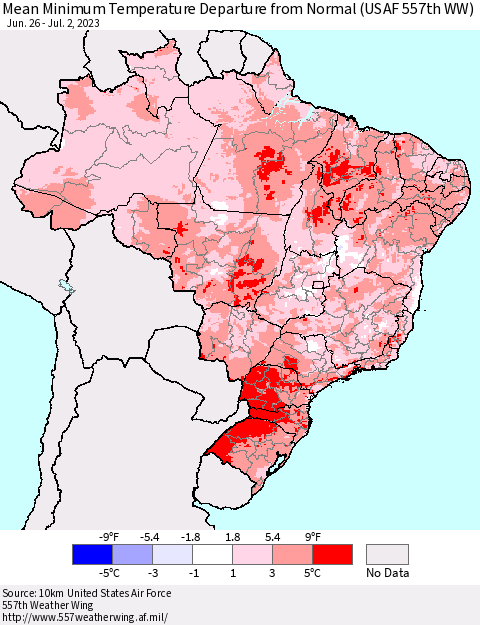 Brazil Mean Minimum Temperature Departure from Normal (USAF 557th WW) Thematic Map For 6/26/2023 - 7/2/2023