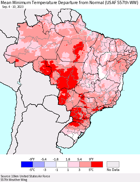 Brazil Mean Minimum Temperature Departure from Normal (USAF 557th WW) Thematic Map For 9/4/2023 - 9/10/2023