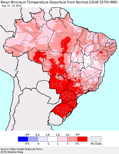 Brazil Mean Minimum Temperature Departure from Normal (USAF 557th WW) Thematic Map For 9/18/2023 - 9/24/2023