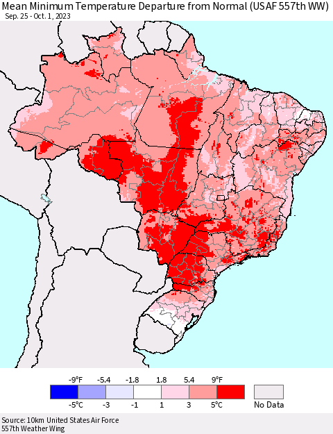 Brazil Mean Minimum Temperature Departure from Normal (USAF 557th WW) Thematic Map For 9/25/2023 - 10/1/2023
