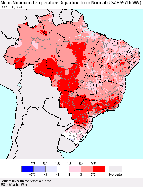 Brazil Mean Minimum Temperature Departure from Normal (USAF 557th WW) Thematic Map For 10/2/2023 - 10/8/2023