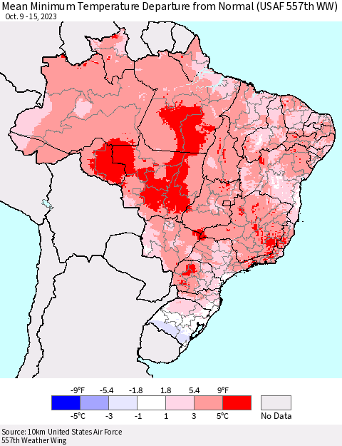 Brazil Mean Minimum Temperature Departure from Normal (USAF 557th WW) Thematic Map For 10/9/2023 - 10/15/2023
