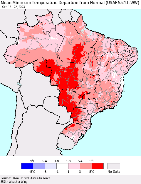 Brazil Mean Minimum Temperature Departure from Normal (USAF 557th WW) Thematic Map For 10/16/2023 - 10/22/2023