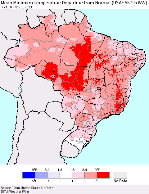 Brazil Mean Minimum Temperature Departure from Normal (USAF 557th WW) Thematic Map For 10/30/2023 - 11/5/2023