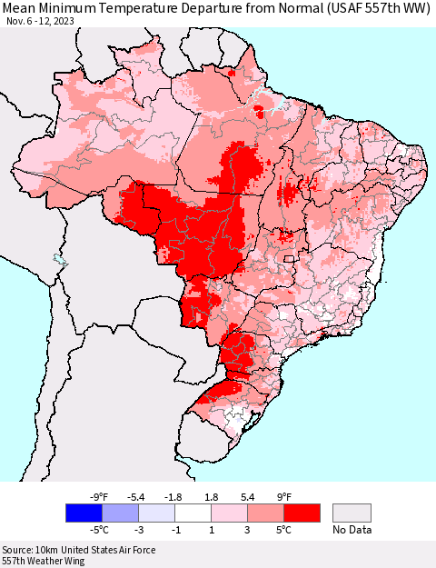 Brazil Mean Minimum Temperature Departure from Normal (USAF 557th WW) Thematic Map For 11/6/2023 - 11/12/2023