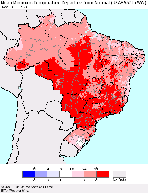 Brazil Mean Minimum Temperature Departure from Normal (USAF 557th WW) Thematic Map For 11/13/2023 - 11/19/2023