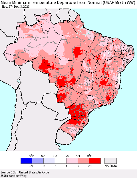 Brazil Mean Minimum Temperature Departure from Normal (USAF 557th WW) Thematic Map For 11/27/2023 - 12/3/2023