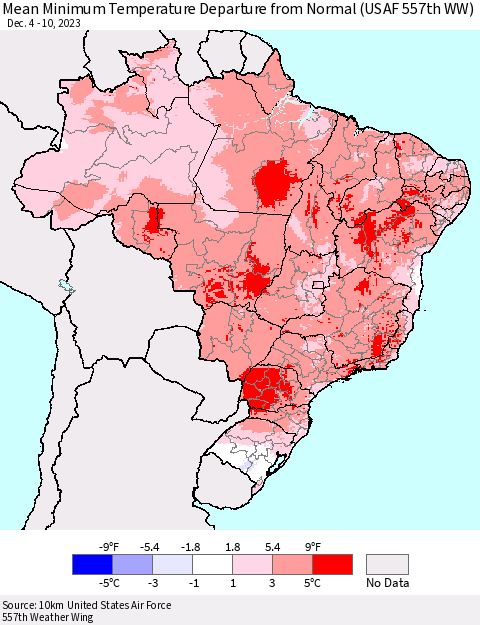 Brazil Mean Minimum Temperature Departure from Normal (USAF 557th WW) Thematic Map For 12/4/2023 - 12/10/2023