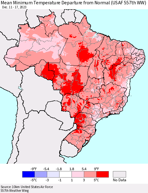 Brazil Mean Minimum Temperature Departure from Normal (USAF 557th WW) Thematic Map For 12/11/2023 - 12/17/2023
