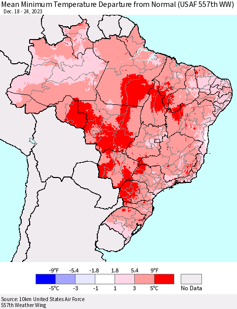 Brazil Mean Minimum Temperature Departure from Normal (USAF 557th WW) Thematic Map For 12/18/2023 - 12/24/2023