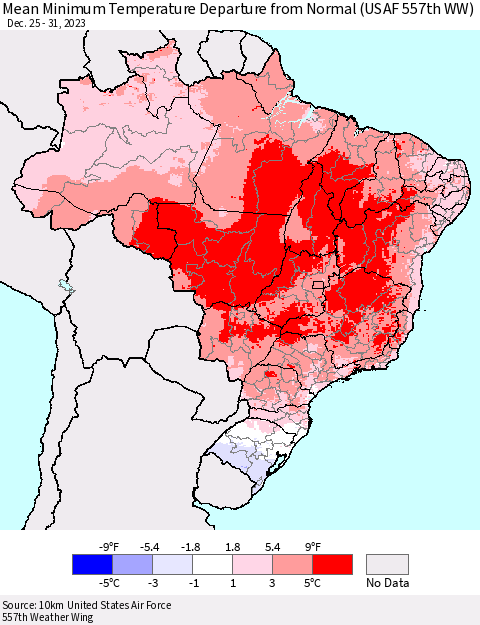 Brazil Mean Minimum Temperature Departure from Normal (USAF 557th WW) Thematic Map For 12/25/2023 - 12/31/2023