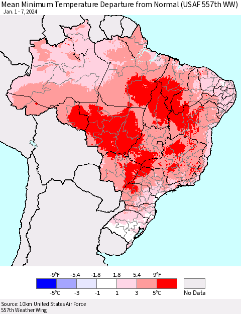 Brazil Mean Minimum Temperature Departure from Normal (USAF 557th WW) Thematic Map For 1/1/2024 - 1/7/2024