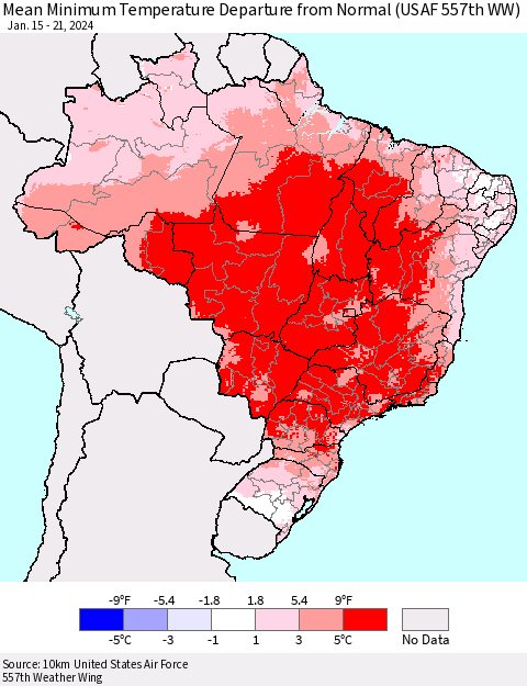 Brazil Mean Minimum Temperature Departure from Normal (USAF 557th WW) Thematic Map For 1/15/2024 - 1/21/2024