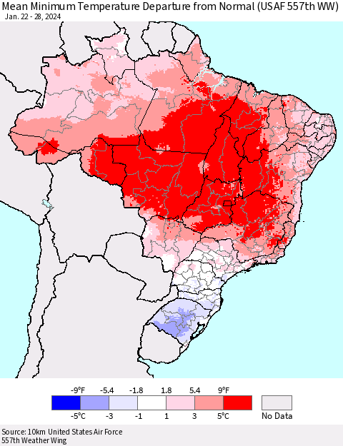 Brazil Mean Minimum Temperature Departure from Normal (USAF 557th WW) Thematic Map For 1/22/2024 - 1/28/2024