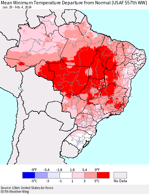Brazil Mean Minimum Temperature Departure from Normal (USAF 557th WW) Thematic Map For 1/29/2024 - 2/4/2024