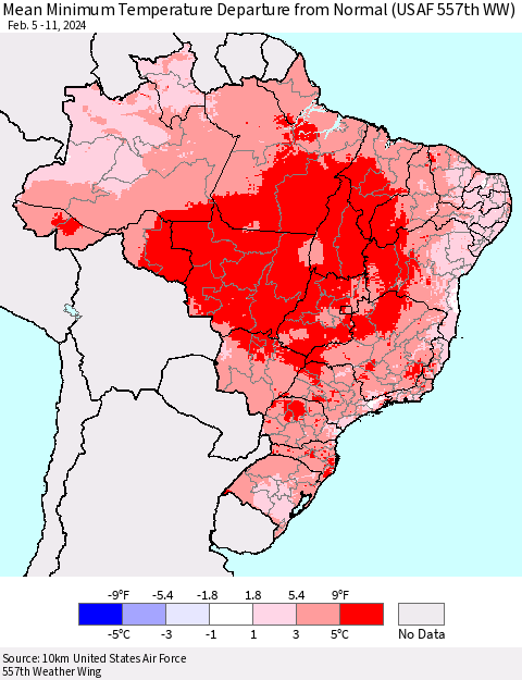 Brazil Mean Minimum Temperature Departure from Normal (USAF 557th WW) Thematic Map For 2/5/2024 - 2/11/2024