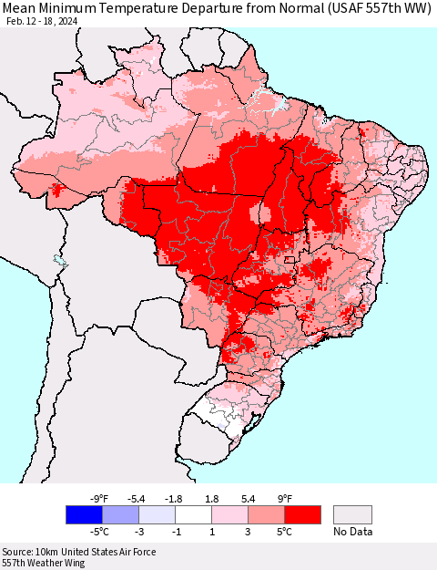 Brazil Mean Minimum Temperature Departure from Normal (USAF 557th WW) Thematic Map For 2/12/2024 - 2/18/2024