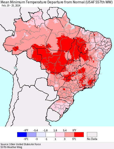 Brazil Mean Minimum Temperature Departure from Normal (USAF 557th WW) Thematic Map For 2/19/2024 - 2/25/2024
